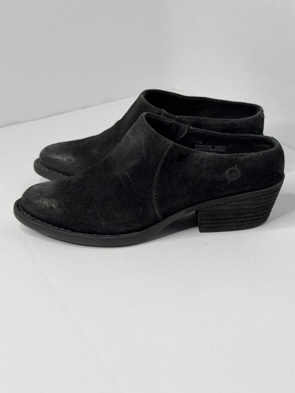 BORN SHAYA DISTRESSED BLACK LEATHER suede ALMOND TOE MULES clogs shoes -  US 7.5